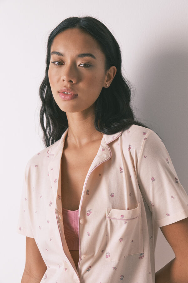 Women'secret Pijama camisero largo 100% algod&oacute;n flores  rosa