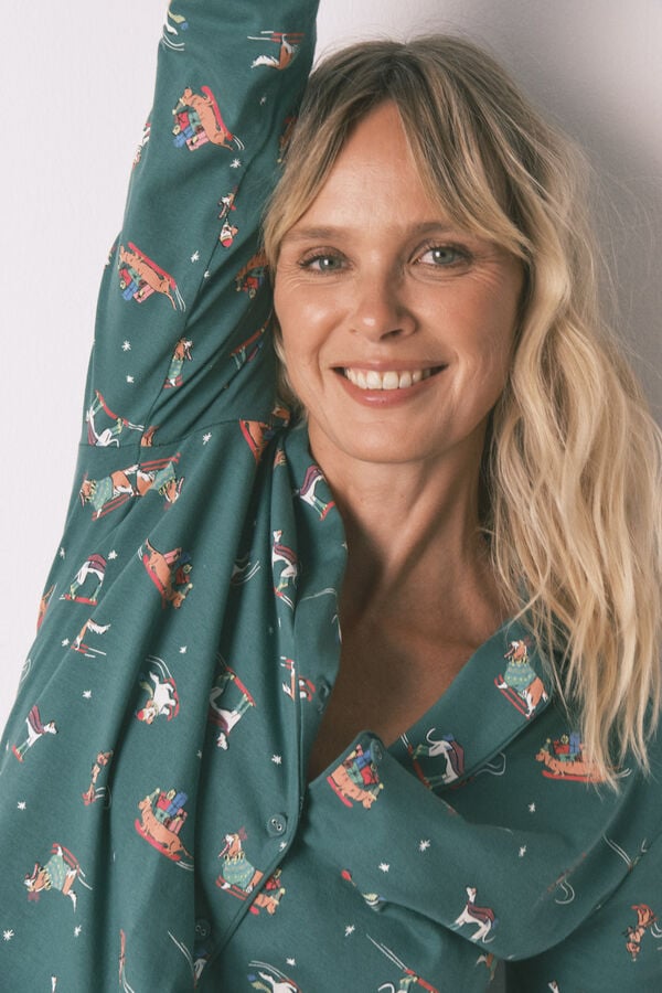 Women'secret Pijama camisero perritos 100% algod&oacute;n verde