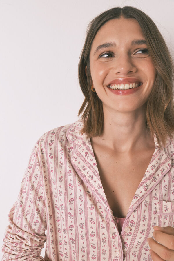 Women'secret Pijama camisero largo 100% algod&oacute;n flores rosa rosa