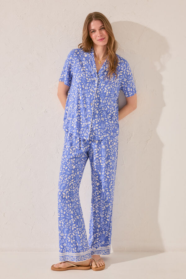 Women'secret Pijama camisero largo print flores azul estampado