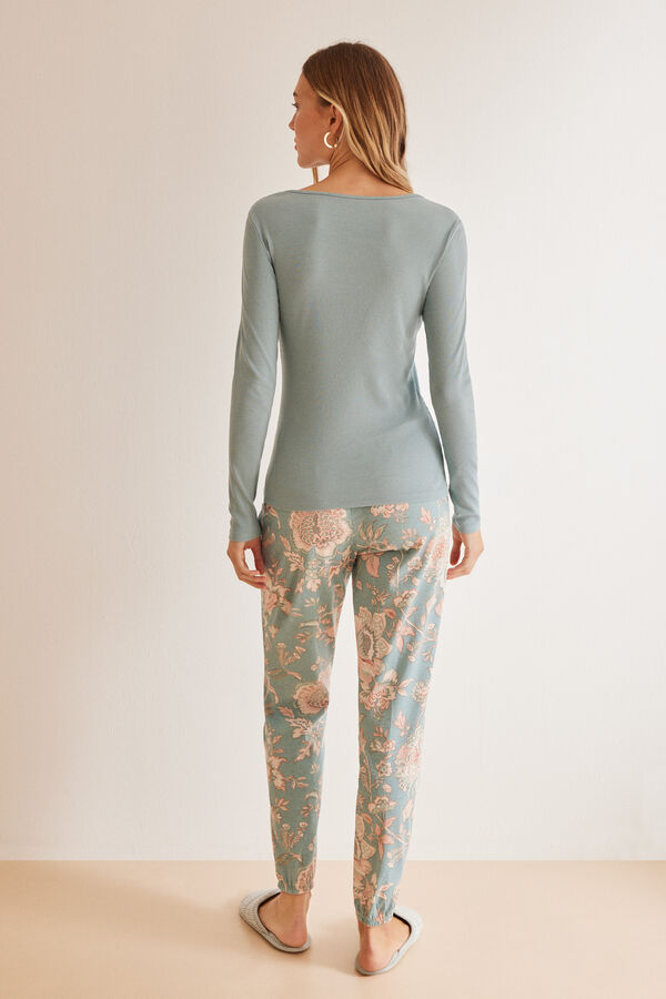 Women'secret Pijama largo algod&oacute;n azul flores azul
