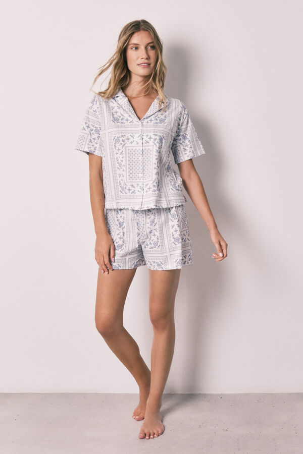 Women'secret Pijama curto camiseiro em algod&atilde;o estampado bandana azul