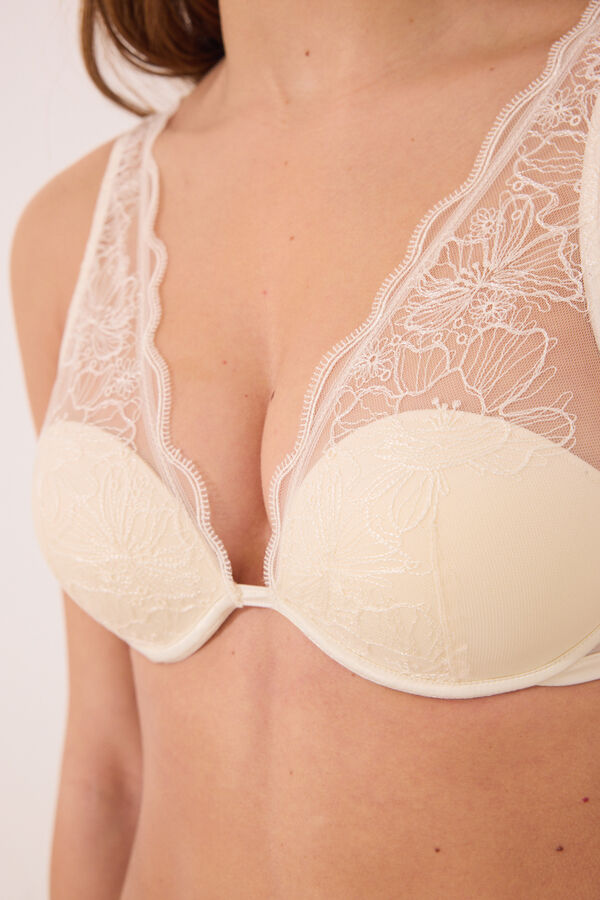 Women'secret Sutiã frente halter em cetim e tule branco bege