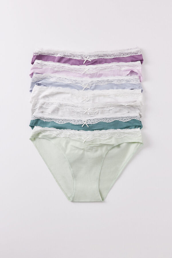Women'secret Pack 7 bragas cl&aacute;sicas algod&oacute;n frunce y encaje blanco
