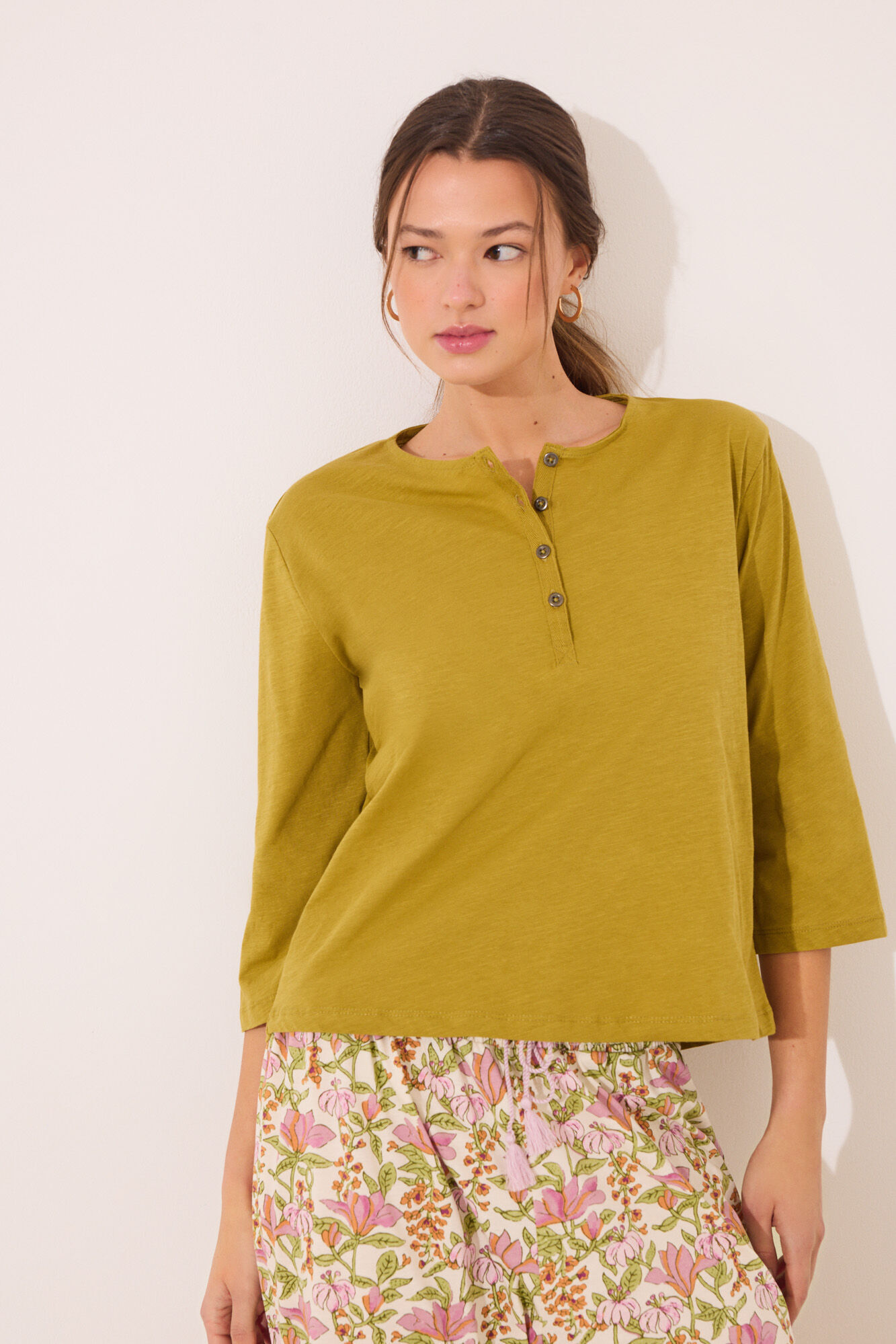 Women'secret Camiseta lisa manga larga 100% algod&oacute;n kaki