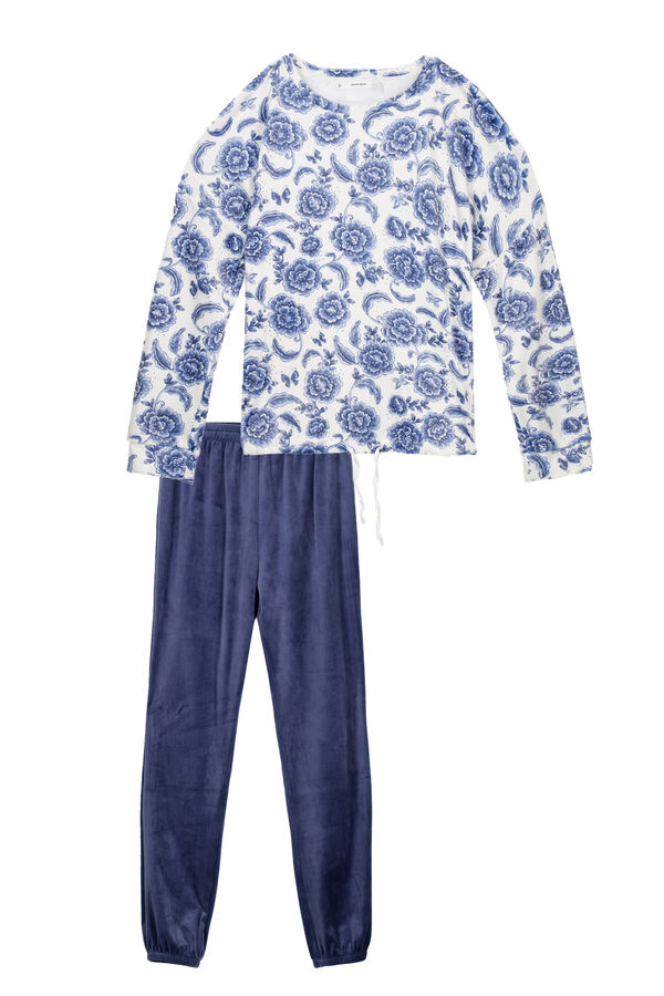 Women'secret Pijama longo de veludo elástico macio azul