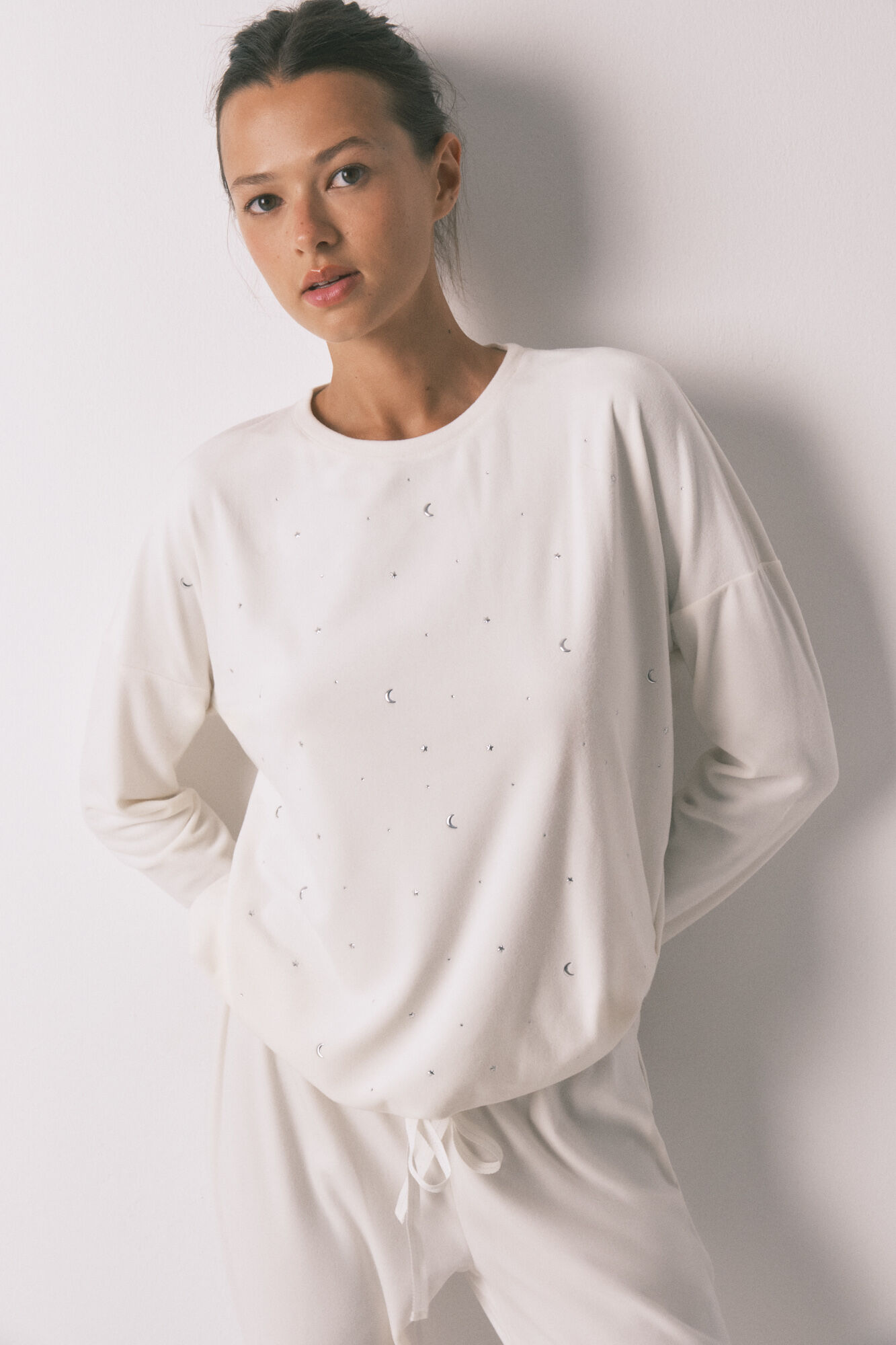 Women'secret Pijama largo terciopelo suave blanco brillo
