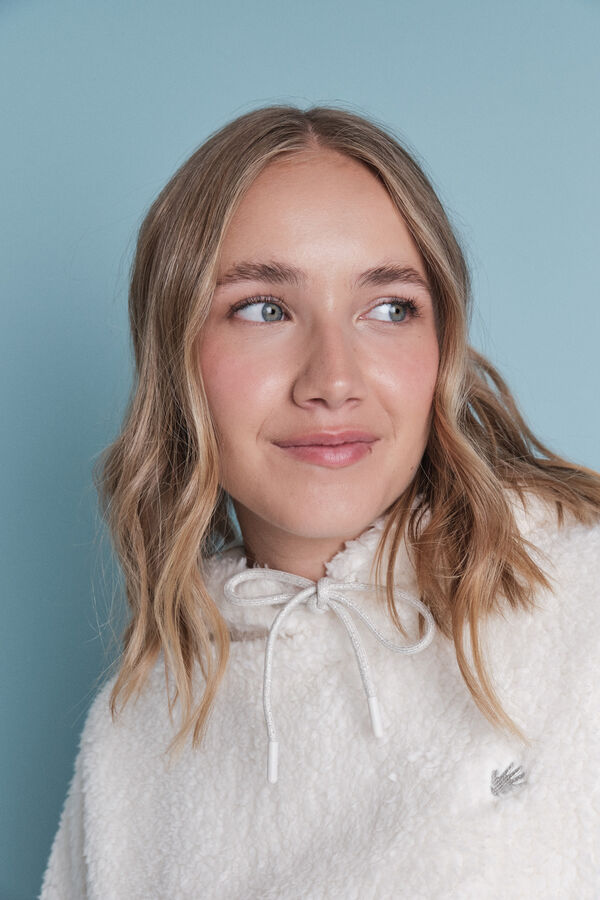 HI&BYE Sudadera borreguito suave blanco logo marfil