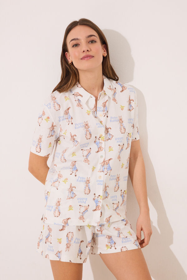 Women'secret Pijama camisero corto 100% algodón "Peter Rabbit" blanco