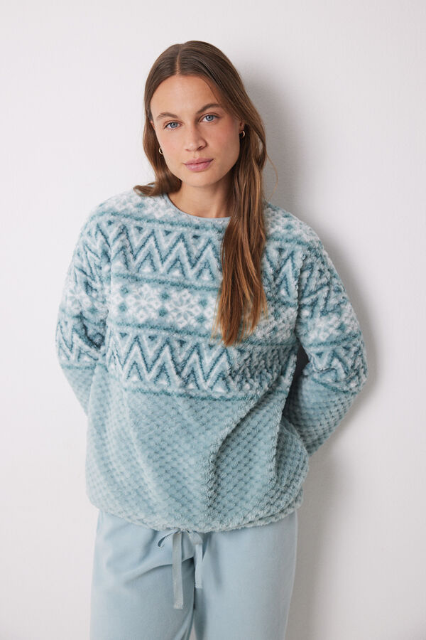 Women'secret Pijama longo de l&atilde; polar com efeito jacquard azul verde