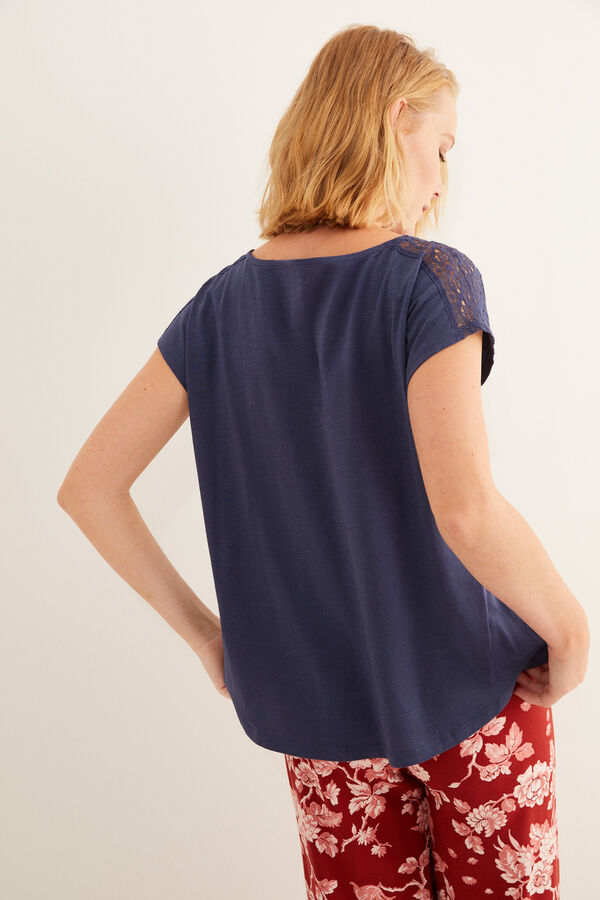 Womensecret T-shirt azul manga curta detalhe renda azul