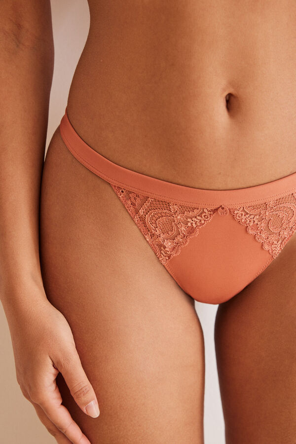 Women'secret Tanga encaje y microfibra coral naranja