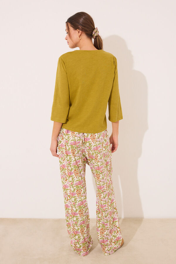 Women'secret Pantal&oacute;n largo 100% algod&oacute;n flores blanco