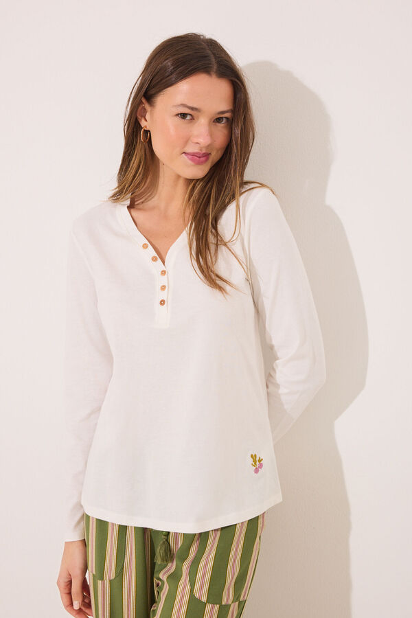 Women'secret Camiseta lisa manga larga 100% algod&oacute;n blanco marfil