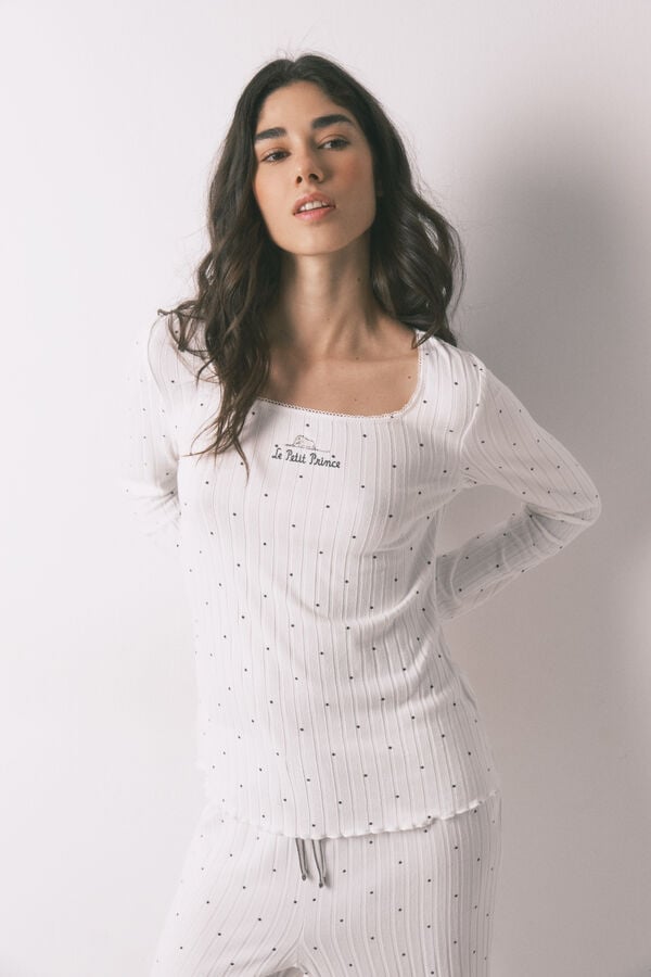 Women'secret Pijama comprido canelado estampado de estrelas branco bege