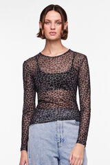 Pieces Top tule de manga comprida e print em leopardo preto