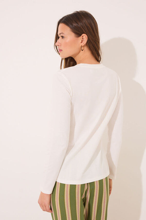 Women'secret Camiseta lisa manga larga 100% algod&oacute;n blanco marfil