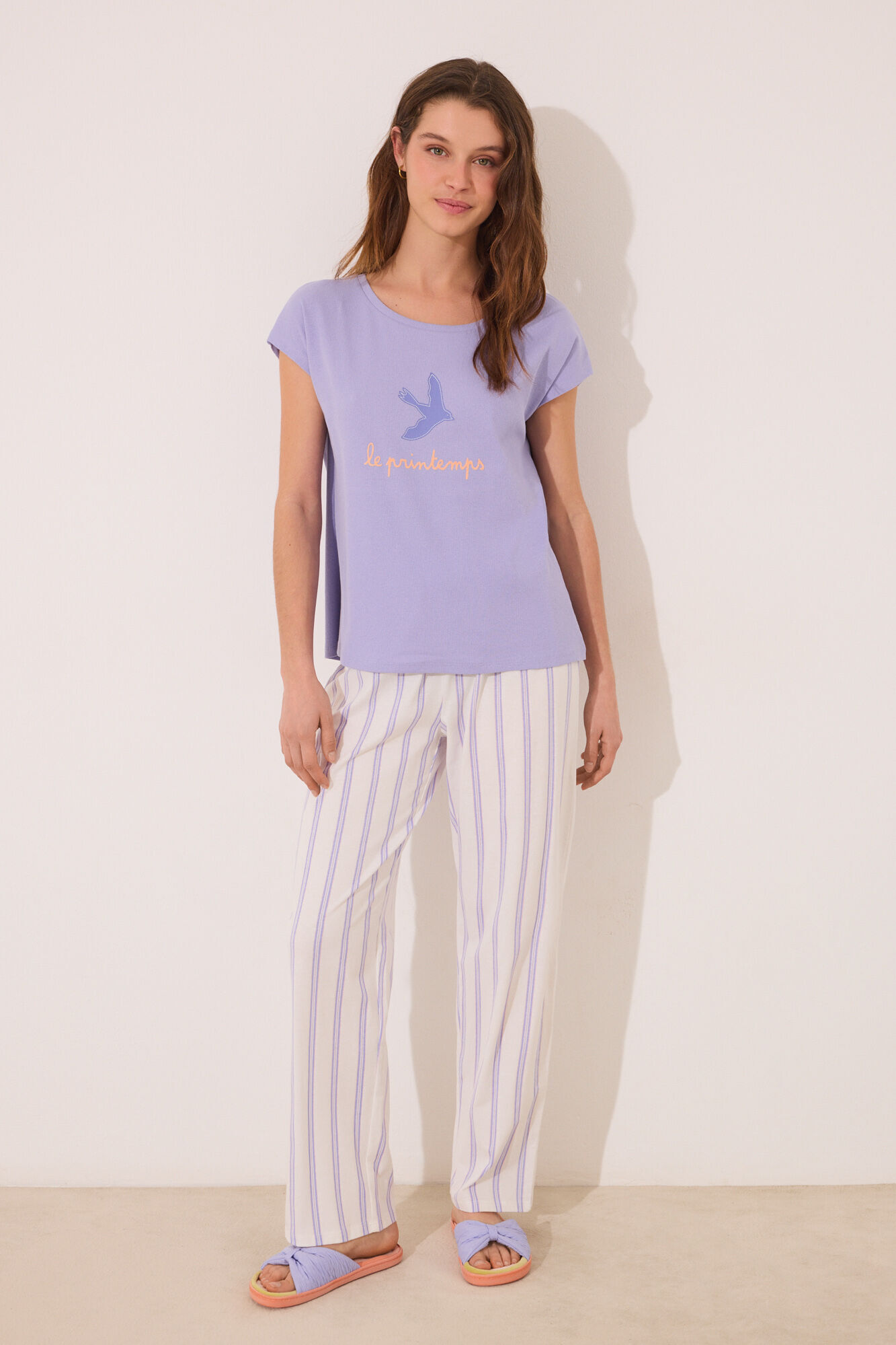 Women'secret Pijama lounge de algod&atilde;o riscas lil&aacute;s