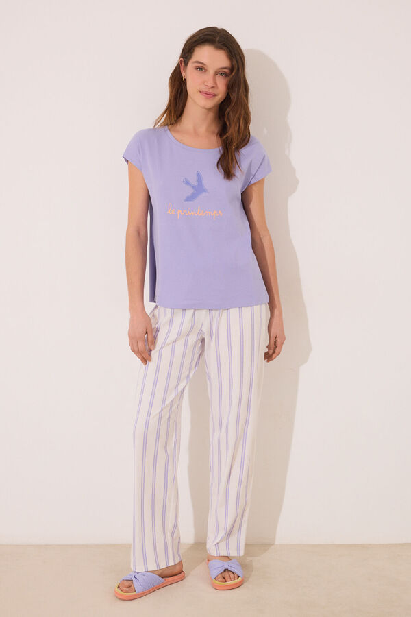 Women'secret Pijama lounge de algod&atilde;o riscas lil&aacute;s rosa