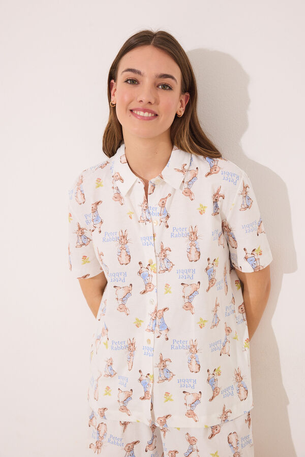 Women'secret Pijama camisero corto 100% algodón "Peter Rabbit" blanco