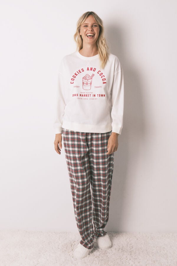 Women'secret Pijama largo 100% algod&oacute;n cuadros marfil