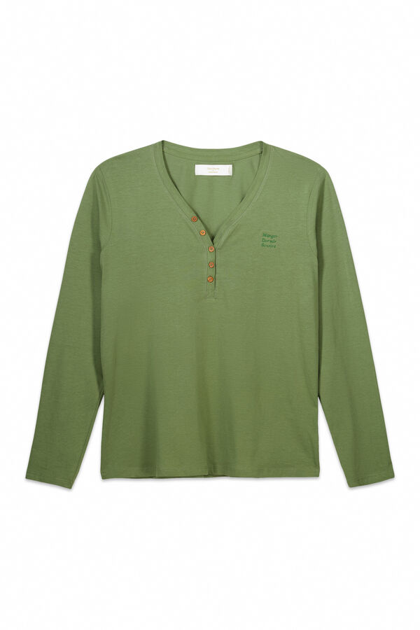 Women'secret Camiseta lisa manga larga 100% algodón verde kaki