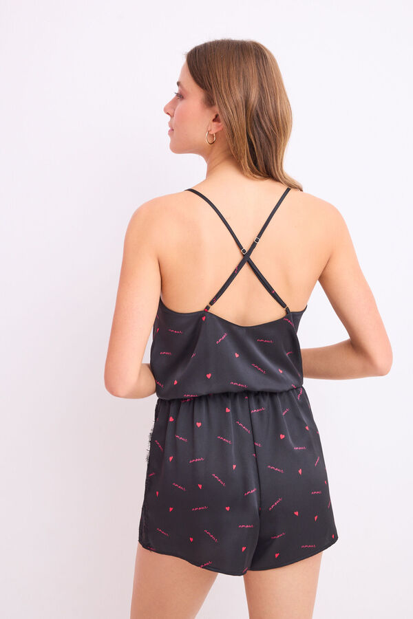 Women'secret Macacão curto em cetim preto estampado  preto