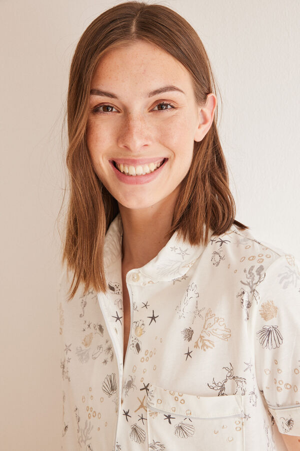 Women'secret Pijama camisero comprido 100% algod&atilde;o mar branco