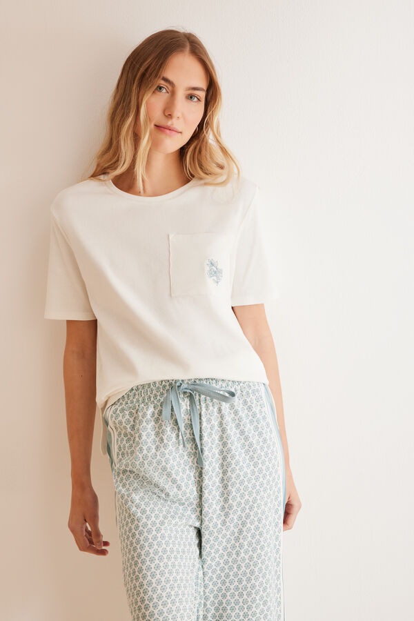 Women'secret Pijama 100% algod&oacute;n Capri estampado geom&eacute;trico marfil