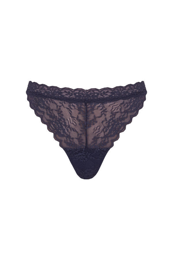 Women'secret Tanga de renda azul escuro com cintura em V azul