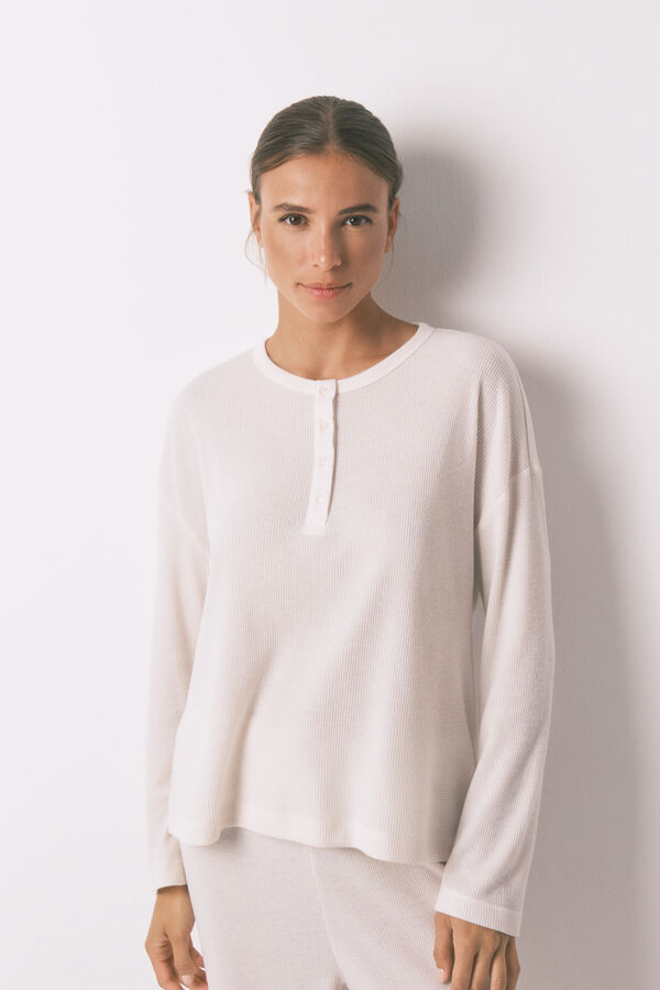 Women'secret Pijama largo textura waffle blanco blanco