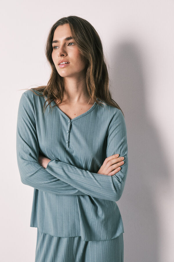 Women'secret Pijama largo textura pointelle verde azul