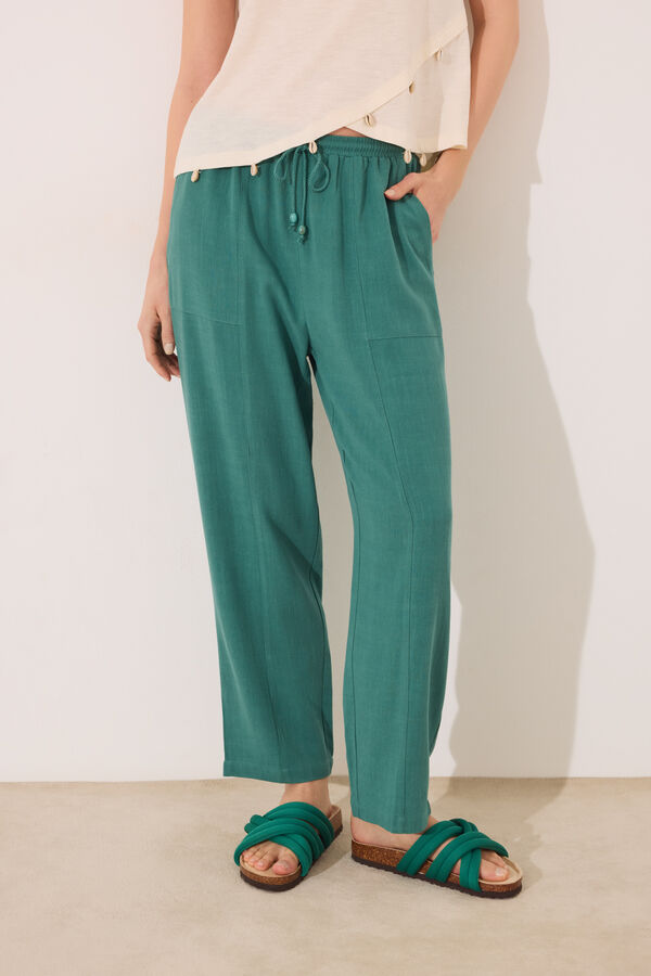 Women'secret Pantal&oacute;n Capri lino y viscosa verde verde