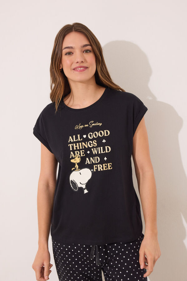 Women'secret Pijama largo 100% algod&oacute;n Snoopy negro negro