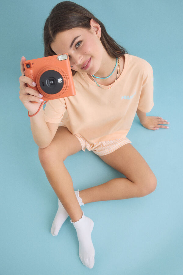 HI&BYE Pijama curto 100% algodão na cor laranja vermelho