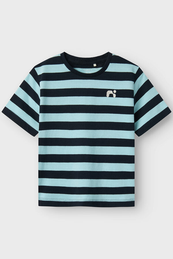 Name it Camiseta riscas com logo para meninos azul