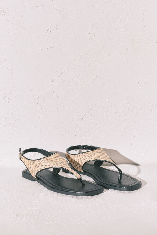 Women'secret Sandalias planas dedo rafia negro