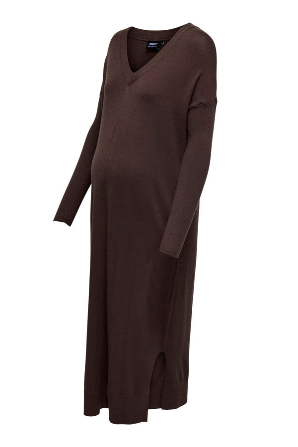 Only Maternity Vestido largo de punto premamá, con cuello V, color marrón chocolate. marrón
