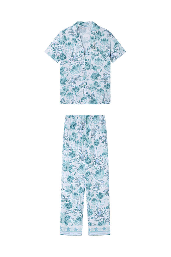 Women'secret Pijama largo camisero 100% algod&oacute;n flores verdes blanco