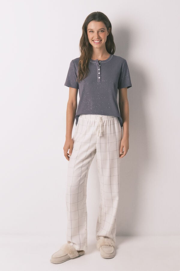 Women'secret Pantal&oacute;n largo franela blanco print cuadros marfil