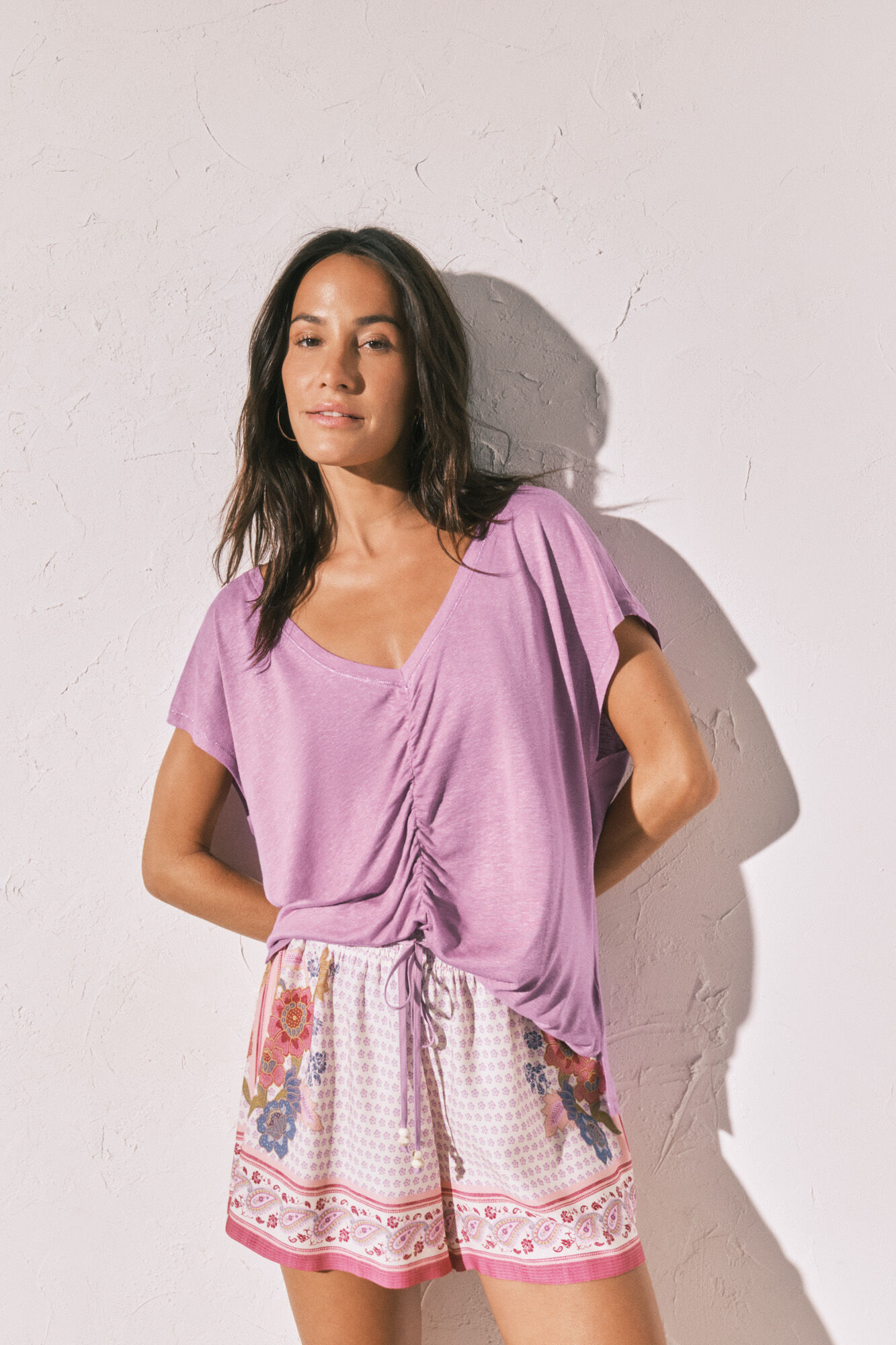 Women'secret T-shirt curta em viscose e linho lil&aacute;s