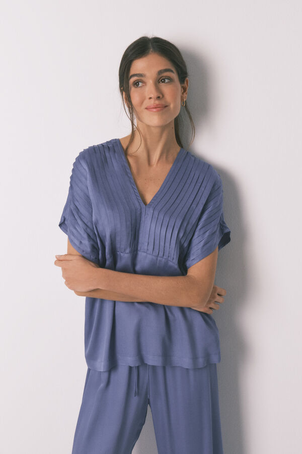 Women'secret Pijama largo azul escote plisado azul