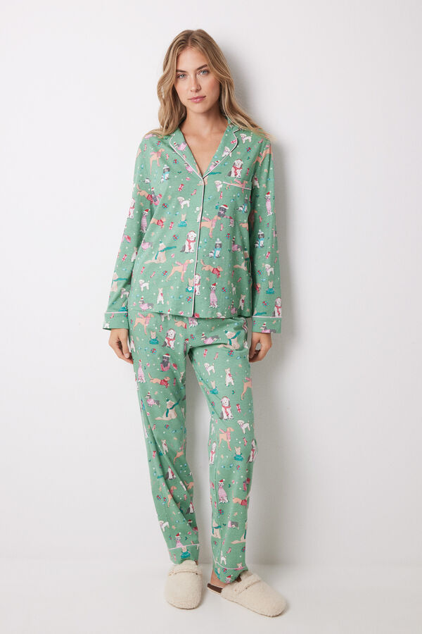 Women'secret Pijama camisero 100% algod&oacute;n perros navide&ntilde;os verde