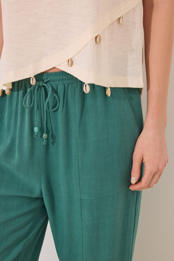 Women'secret Pantal&oacute;n Capri lino y viscosa verde verde