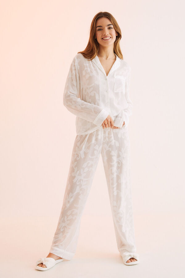 Womensecret Pijama camiseiro comprido jacquard branco bege