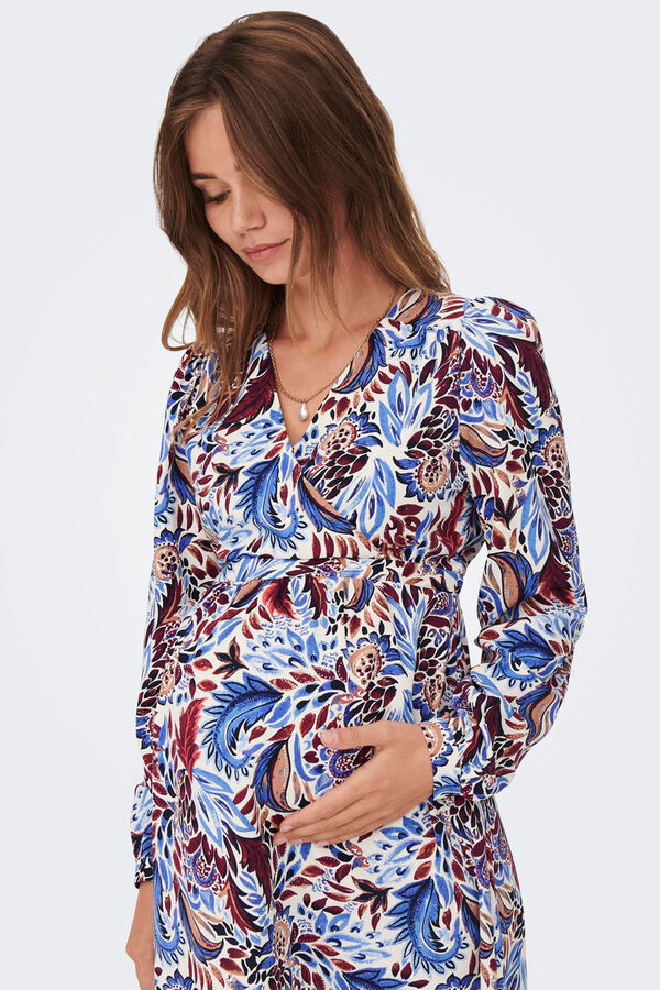 Only Maternity Vestido midi com fecho cruzado e ajuste na cintura, estampado bege