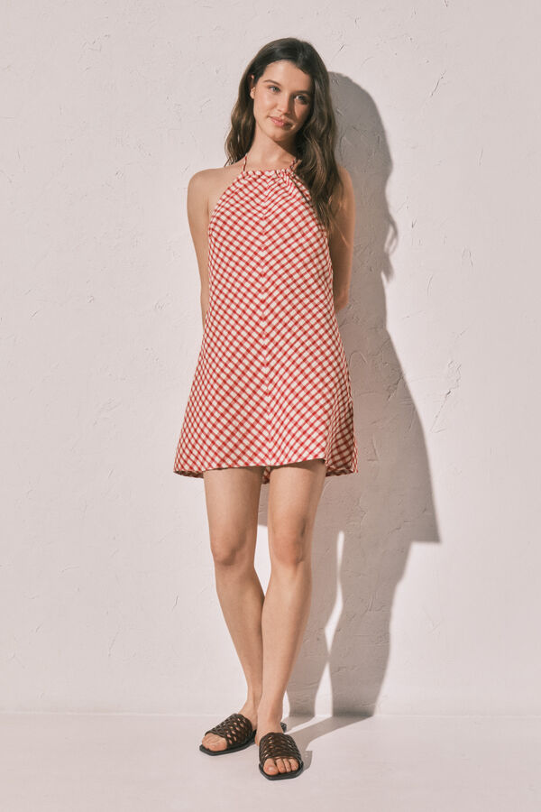 Women'secret Vestido curto estampado vichy vermelho borgonha