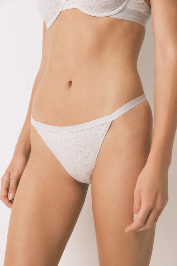 Women'secret Tanga de algod&atilde;o canelada cinza cinzento