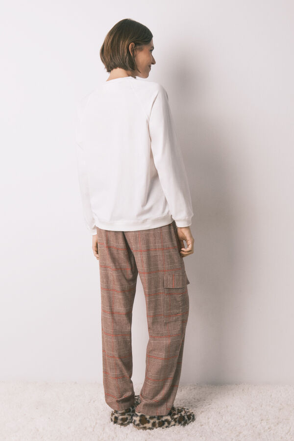 Women'secret Pijama longo 100% algod&atilde;o estampado xadrez Snoopy bege
