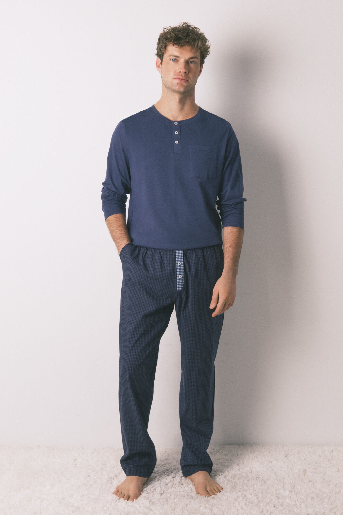 Women'secret Pijama largo hombre 100% algod&oacute;n azul cuadros